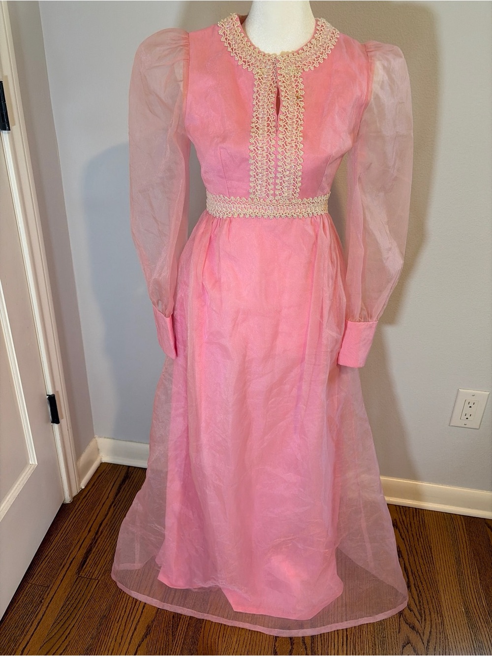 Vtg 70s Pink Dress S Organza Prairie Gown Regency Coquette Puff Sleeve Romantic